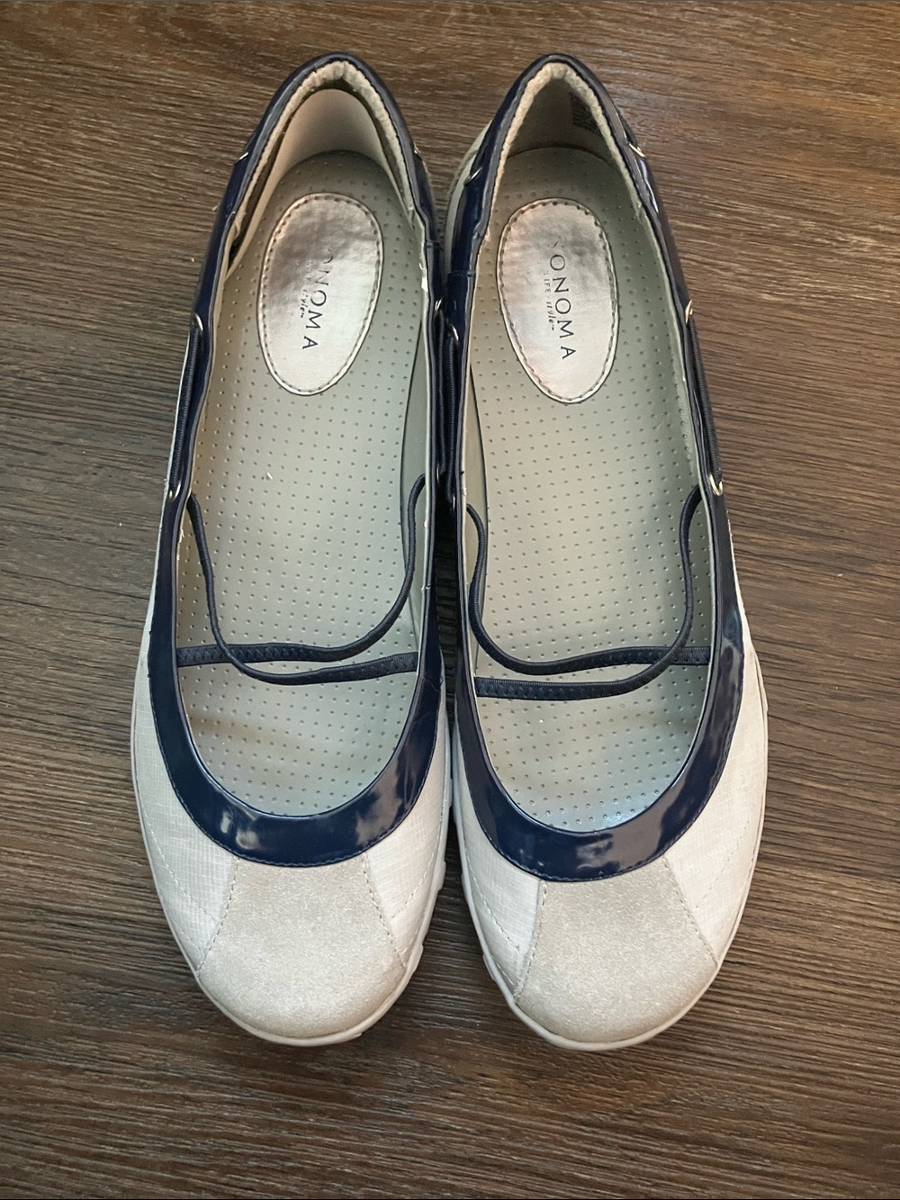 Sonoma Navy Patent Trim and Cream Suede Slip-On Flats